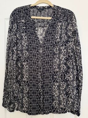 Lucky Brand Navy and White Patterned Smocked Top